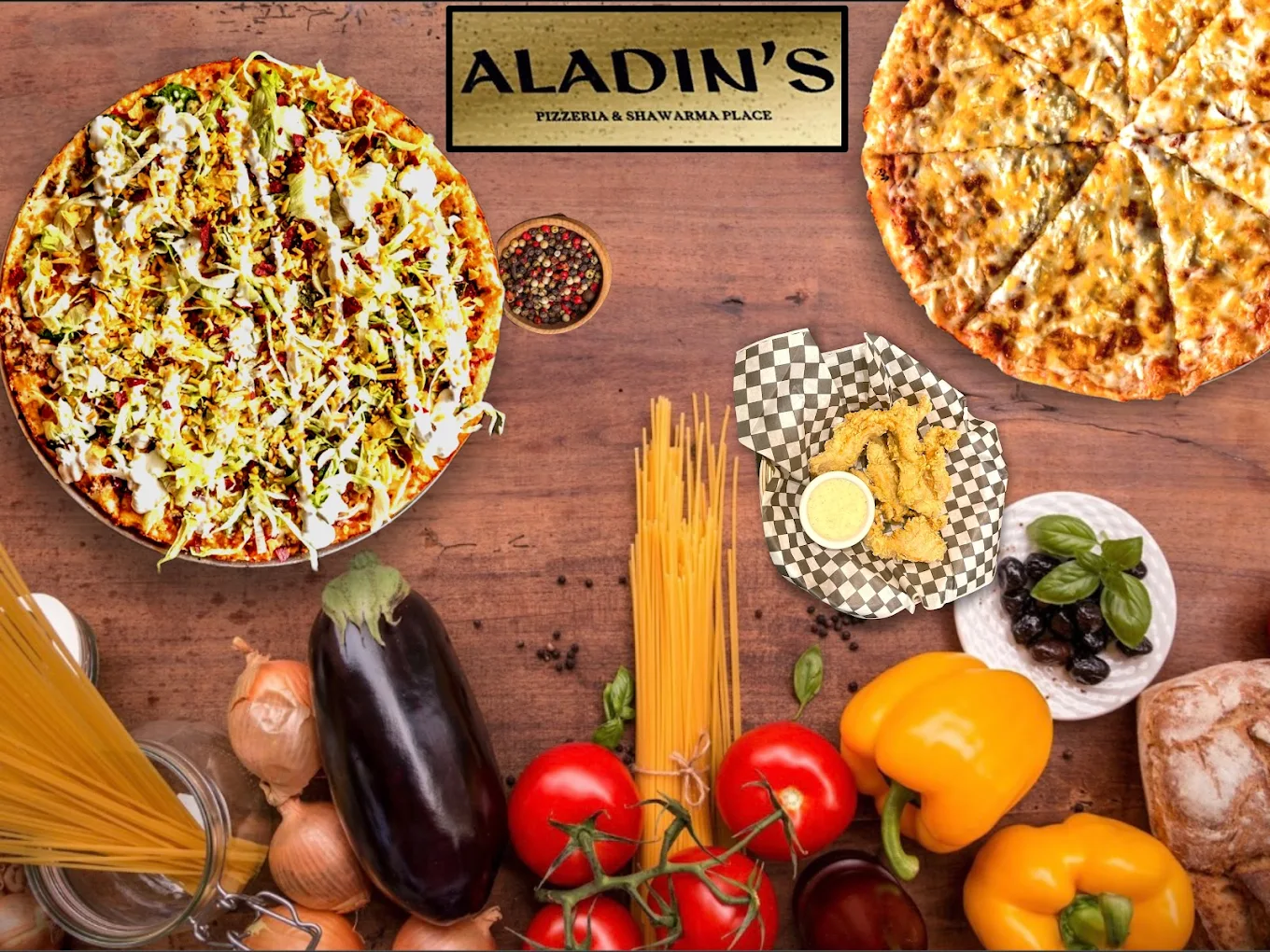Halal pizza and shawarma platter at Aladin's Pizzeria Winnipeg