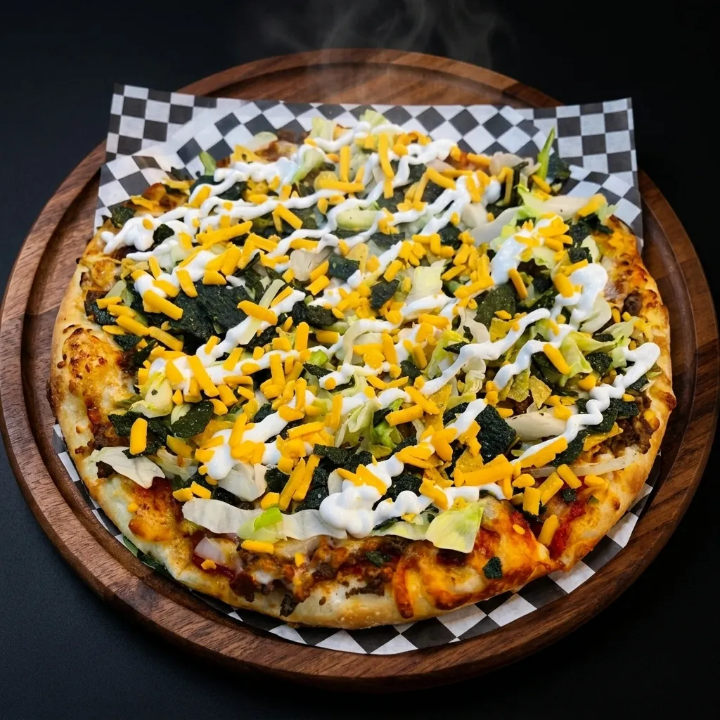 Aladin's Taco Pizza Winnipeg — halal pizza topped with seasoned beef, lettuce, tomato and tortilla chips